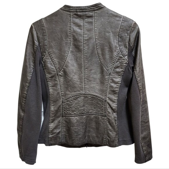 Sebby Moto Jacket Womens M Gray Faux Leather Ribbed Knit Full Zip Biker Rustic - Picture 2 of 15
